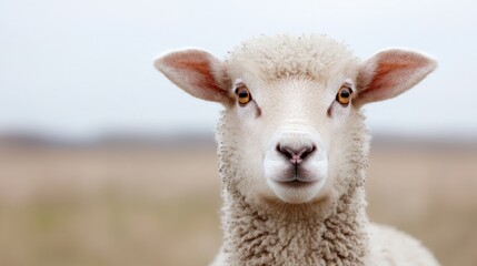 Obraz premium Sheep portrait in field, focus on face, outdoors, nature, peaceful, tranquility, calm, suitable for animal welfare, animal conservation, or education