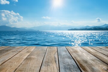 Fototapeta premium Wooden dock overlooking a sparkling sea under a sunny sky. Ideal for travel, vacation, or summer themes, showcasing products or adding a serene backdrop.