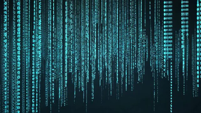 Explore a stunning digital landscape filled with cascading blue binary code streams creating an immersive visual effect