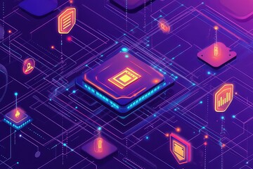 A dynamic illustration of cloud computing with server icons, cybersecurity shields, and big data analytics integrated into the network.