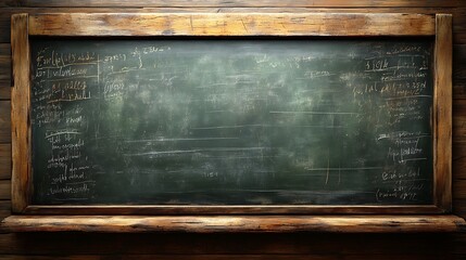 Vintage chalkboard on wooden wall. Possible classroom use