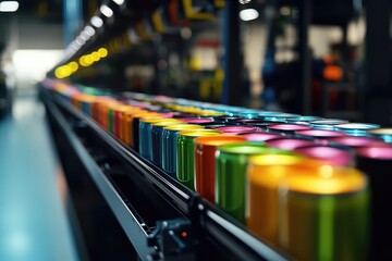 A factory assembly line filling colorful aluminum beverage cans, showcasing the mechanical precision and automation in the beverage industry.