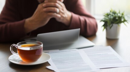 Retirement financial stress in a cozy office. Featuring worry and reflection