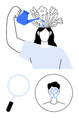 Woman waters flowers growing from her head, magnifying glass below, face with geometric pattern. Ideal for self-growth, creativity, mindfulness, personal identity, mental health, innovation abstract