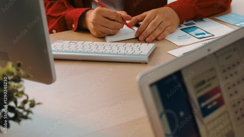 Poster startup company employee planning for user interface prototype for mobile application or website in 