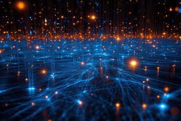 Obraz premium Abstract blue and orange network glowing. Illustrates data flow, connectivity, or digital transformation.