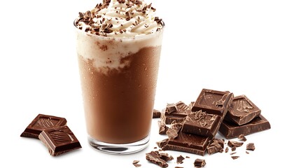 Chocolate Frappuccino drink with chocolate pieces on white background
