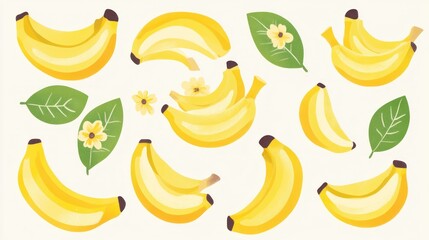Banana fruit collection with leaves and flowers on a light background for illustration