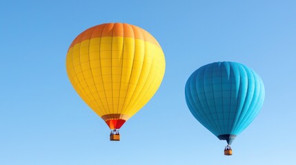 Fototapeta premium Two hot air balloons soar in a clear blue sky. Perfect for travel brochures