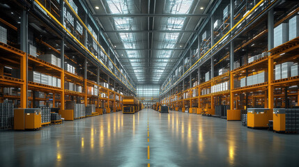 Vertical industry building with multiple production floors, integrating AI-driven logistics and automated transport systems