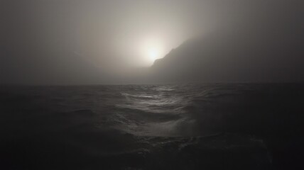 dark and stormy ocean with lightning in the distance
