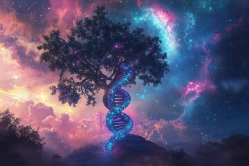 Obraz premium swirling dna strands form a luminous tree under a pastel galaxy sky, blending science and wonder in a surreal, molecular dreamscape.