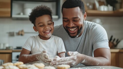 Family baking fun: A Black father and his cheerful son enjoy making cookies in a cozy kitchen.