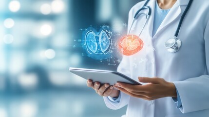Doctor in a white coat using a tablet with AI-generated holographic images of a brain and kidneys, representing advanced medical technology and diagnostics in healthcare.