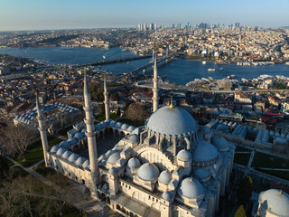 Drone Photo of Illuminated Letters (Mahya) Between Minarets in Suleymaniye Mosque, Suleymaniye...