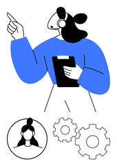 Woman wearing headset holding a clipboard, pointing upwards, with gear icons and a headshot circle. Ideal for service, support, management, training, technological systems teamwork consulting. Line