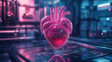 Glowing holographic heart in a futuristic laboratory, symbolizing medical technology, AI, and biotechnology innovation. Sci-fi cybernetic health concept.
