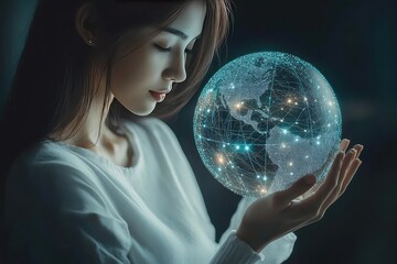 Naklejka premium A female professional holding a globe and interacting with real-time data analytics for digital marketing.