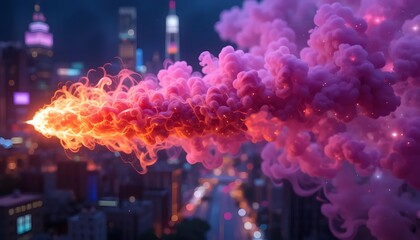 Naklejka premium Neon Blunt Blaze A burning blunt emitting bright orange and purple smoke with a holographic cityscape in the background.