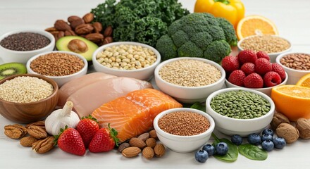 Fresh kitchen ingredients arranged to showcase a healthy food arrangement, emphasizing balanced nutrition from diverse food groups