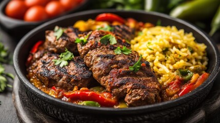Grilled Meat with Rice and Vegetables in a Rustic Bowl Design