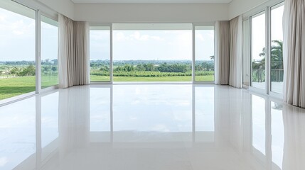Fototapeta premium Modern home interior with panoramic view, spacious living room, empty