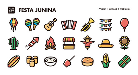 Festa Junina illustration icon set.Simple vector outlines, clipart for graphic design.