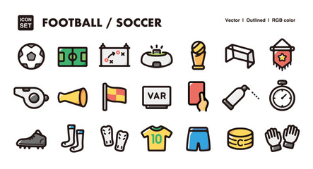 Soccer/football illustration icon set.Simple vector outlines, clipart for graphic design.