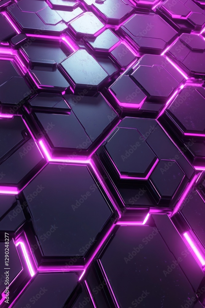 Poster A futuristic close-up view of interlocking hexagonal tiles illuminated by vibrant pink neon lights, creating a sleek, high-tech atmosphere ideal for digital backgrounds