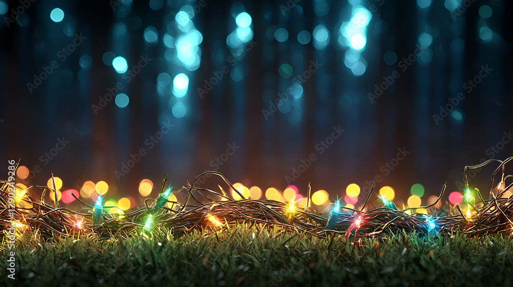 Poster colorful string lights on green grass with dark bokeh background