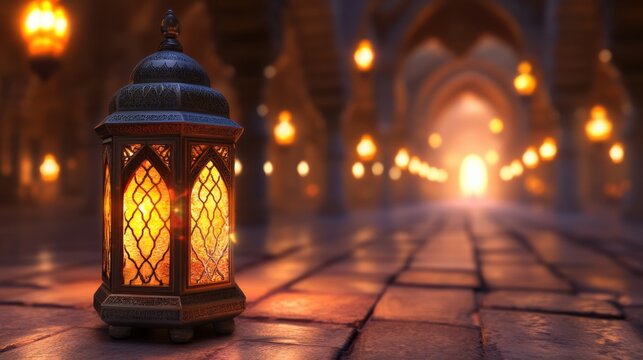 Glowing Lantern in Mystical Hallway with Warm Ambient Light