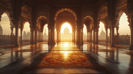 Obraz premium Majestic Sunrise Through Arches in Indian Palace Interior