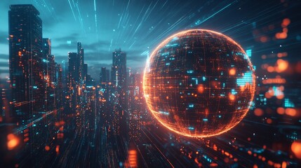 Obraz premium Futuristic Cityscape with Digital Globe Network Connectivity and Global Data Flow
