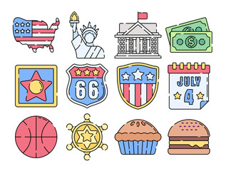 USA-themed flat design illustration set featuring national symbols like the Statue of Liberty, Route 66, July 4th, and American food, ideal for patriotic designs, travel content, and holiday graphics.