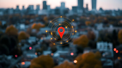 Red Location Pin over Cityscape at Sunset