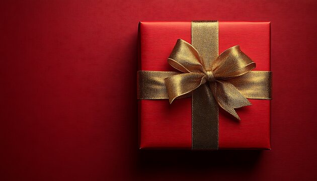 Red gift box gold bow, red background