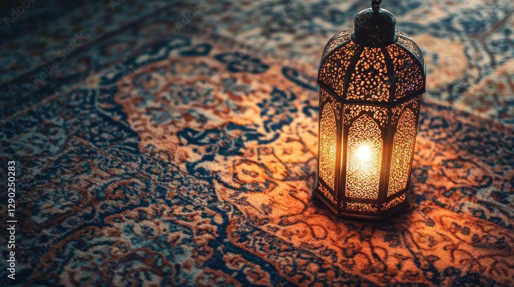 Poster decorative lantern on colorful oriental rug with warm glow illuminating intricate patterns and desig