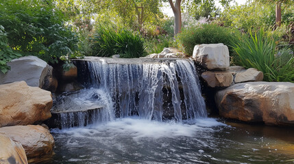 Naklejka premium A small, decorative waterfall is surrounded by rocks and green plants
