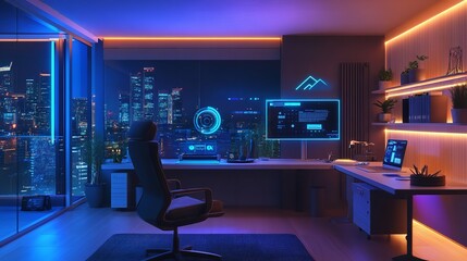 "Stylish and Productive Workspace with a Wooden Desk, Computer Monitor Displaying Code, Brick Wall Decor, Natural Lighting, and Greenery for a Fresh and Motivational Environment