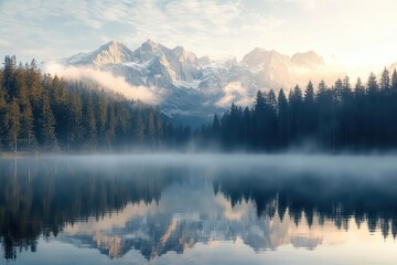 Fototapeta premium tranquil mountain lake at golden hour, mist rising from crystal-clear waters, majestic snow-capped peaks reflected perfectly, surrounded by pine forest