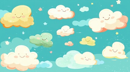 Cheerful Cartoon Clouds with Smile Faces in a Blue Sky Background