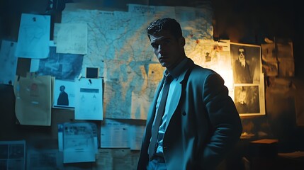 Investigator in dimly lit office