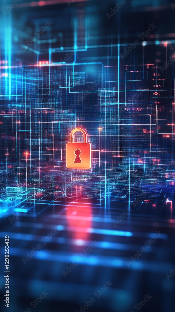 Aufkleber a vibrant digital landscape showcasing a glowing padlock symbolizing cybersecurity, with a network o