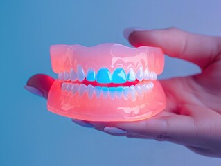 Hand holding a glowing dental model demonstrating oral health and hygiene.