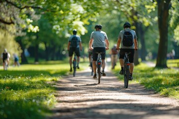 Naklejka premium Man cycling with friends person transportation backpack.