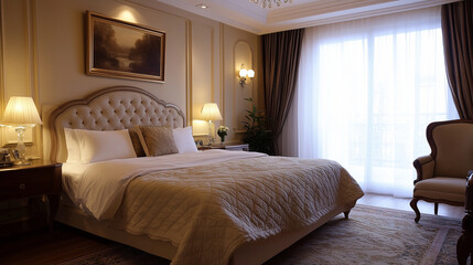 Opulent bedroom with a tufted headboard, elegant curtains, and soft lighting