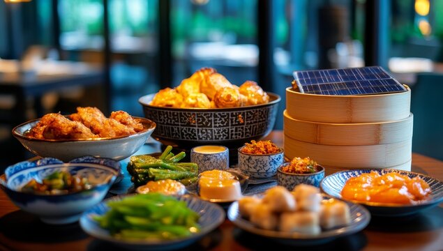Asian cuisine platter, restaurant setting, dim sum, gourmet food