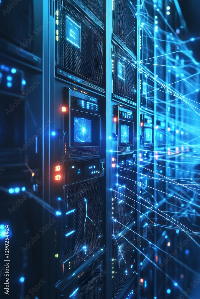 Poster a futuristic data center filled with high-tech servers, illuminated by blue light, showcasing networ
