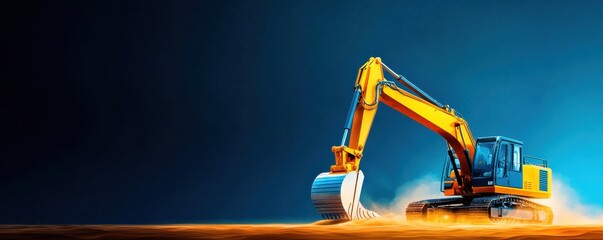 Heavy machinery excavator working on a construction site at dusk.