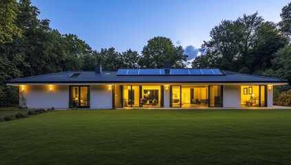 Modern home evening, solar panels, garden, twilight